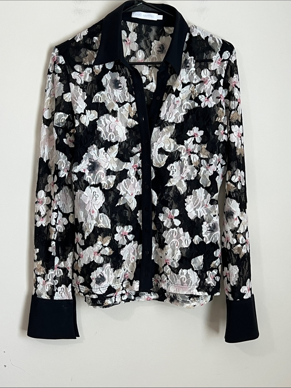 ANNE FONTAINE FRANCE BLOUSE & CAMI SZ 42 FLORAL LACE COLLAR/CUFFS SEMI SHEER